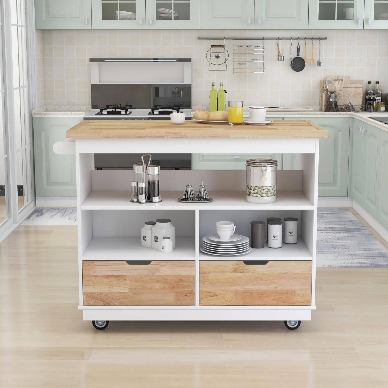 Rolling Kitchen Island with Storage, Two-Sided Kitchen Island Cart on Wheels with RubberWood Top,Wine and Spice Rack