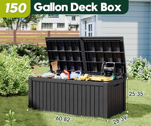 KAMABOKO Outdoor Storage Box, 150 Gallon Large Outdoor Resin Deck Box, Storage Waterproof Boxes Lockable Lid for Garden Tools, Pool Supplies