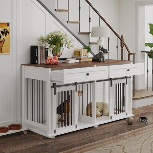 63'' Double Dog Crate Furniture for 2 Dogs, XXL Wooden 2 Dog Kennel, Wooden Dog Kennel with 2 Drawers,Divider and Sliding Door