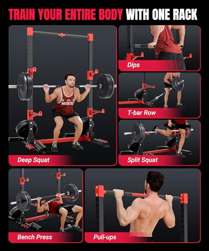 YOLEO Squat Rack with Adjustable Pull-Up Bar & Extended Safety Arms, Multi-Functional Power Racks Squat Stand for Home Gym, Garage & Basement