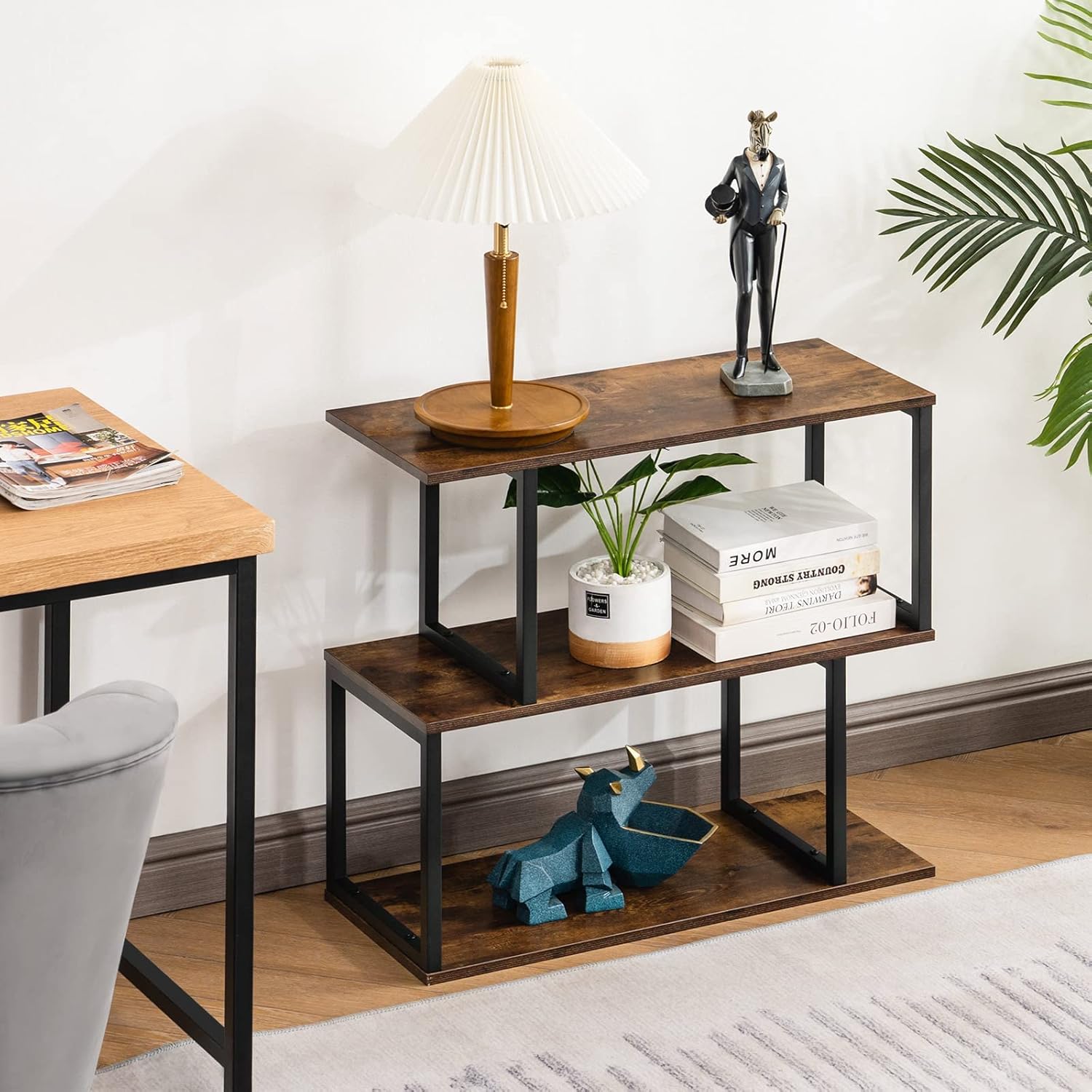 Apicizon Industrial Bookshelves Wooden Bookcase, 2-Tier Bookshelf, S-Shaped Bookshelf Modern Bookshelf