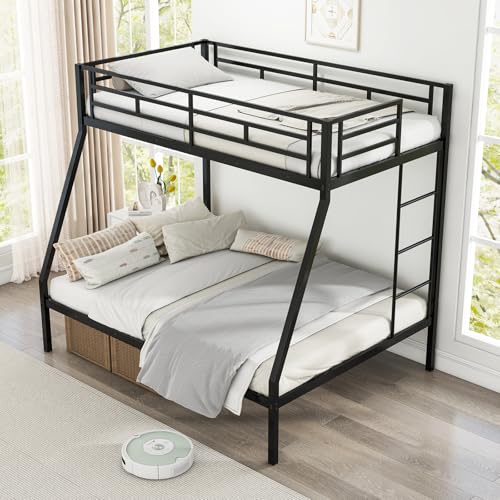 KOMFOTT Twin Over Full Bunk Bed with Trundle, Heavy-Duty Metal Bunk Bed Frame with Guardrail & 2 Ladders, Space-Saving Bunk Bed for Kids/Teens/Adults