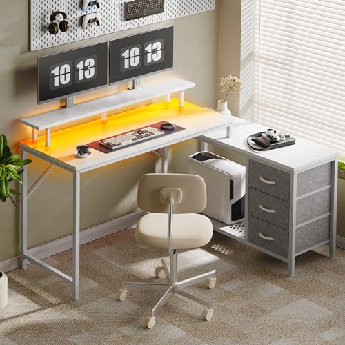 Huuger Reversible L Shaped Computer Desk with Drawers, Gaming Desk with LED Lights and Power Outlets, Office Desk with Storage Shelves