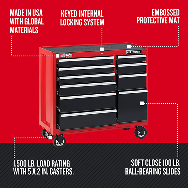 Tool cabinet with drawer lining roll and sleeve organizer
