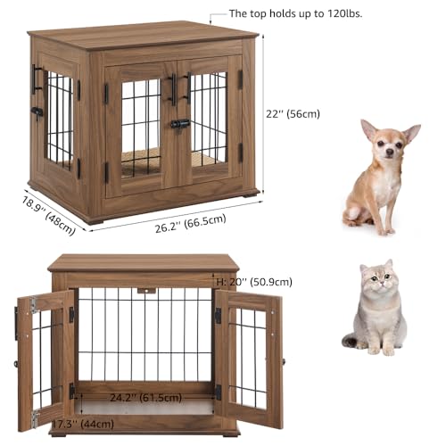 beeNbkks Furniture Style Dog Crate End Table, Double Doors Wooden Wire Dog Kennel with Pet Bed, Decorative Pet Crate Dog House Indoor Medium Large