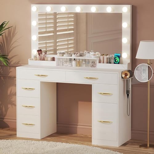 Makeup Vanity Desk with Lights, Vanity Desk with Large Mirror, White Vanity with Outlets Large Drawers & Storage, 3 Lighting Color Adjustable