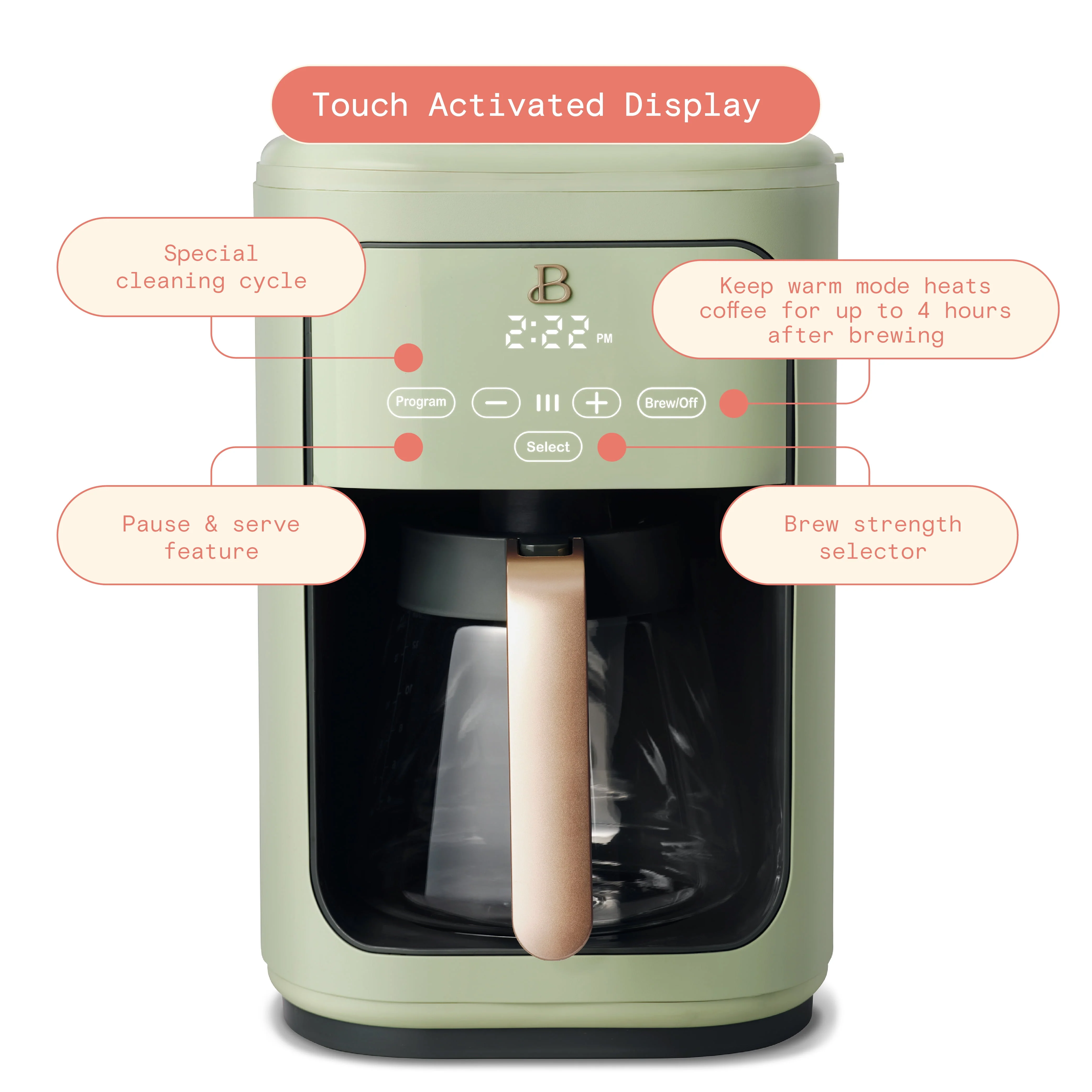 Beautiful 14-Cup Programmable Drip Coffee Maker with Touch-Activated Display, Rose by Drew Barrymore