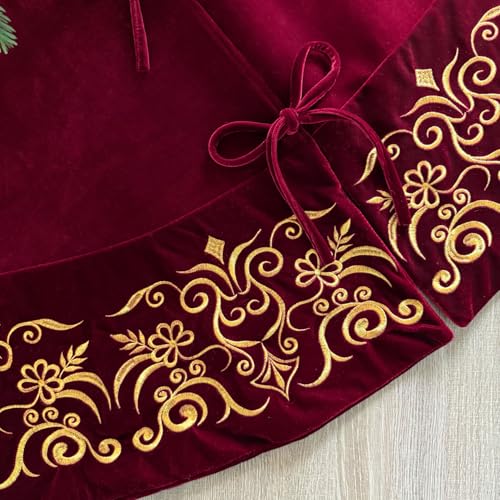 72-Inch Victorian Velvet Christmas Tree Skirt with Gold Damask Embroidery and Plush Lace Ties, Burgundy