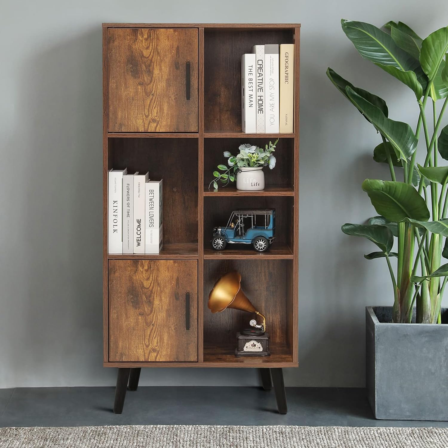 USIKEY Large Storage Cabinet, Mid Century Bookshelf with 2 Doors, 5 Open Shelves, 47.6 H Bookcase Cabinet with Adjustable Shelf