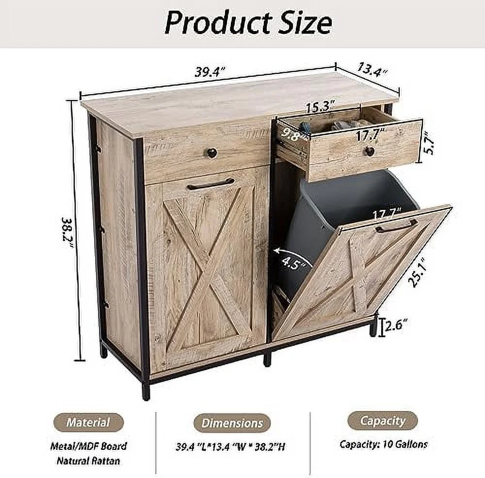 TJUNBOLIFE Double Barn Door Style Trash Cabinet  Double Tilt Out Trash Cabinet with Solid Hideaway Drawer Rustic Kitchen Trash Cabinet Free Standing