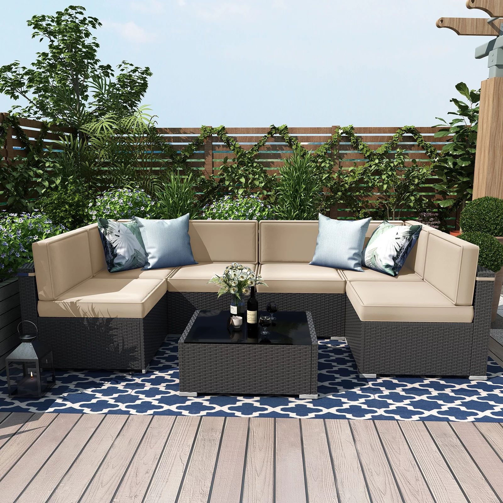 7 Piece Patio Furniture Sets, Outdoor Sectional Patio Conversation Set Wicker Rattan Sofa Chair Set with Cushion and Glass Table