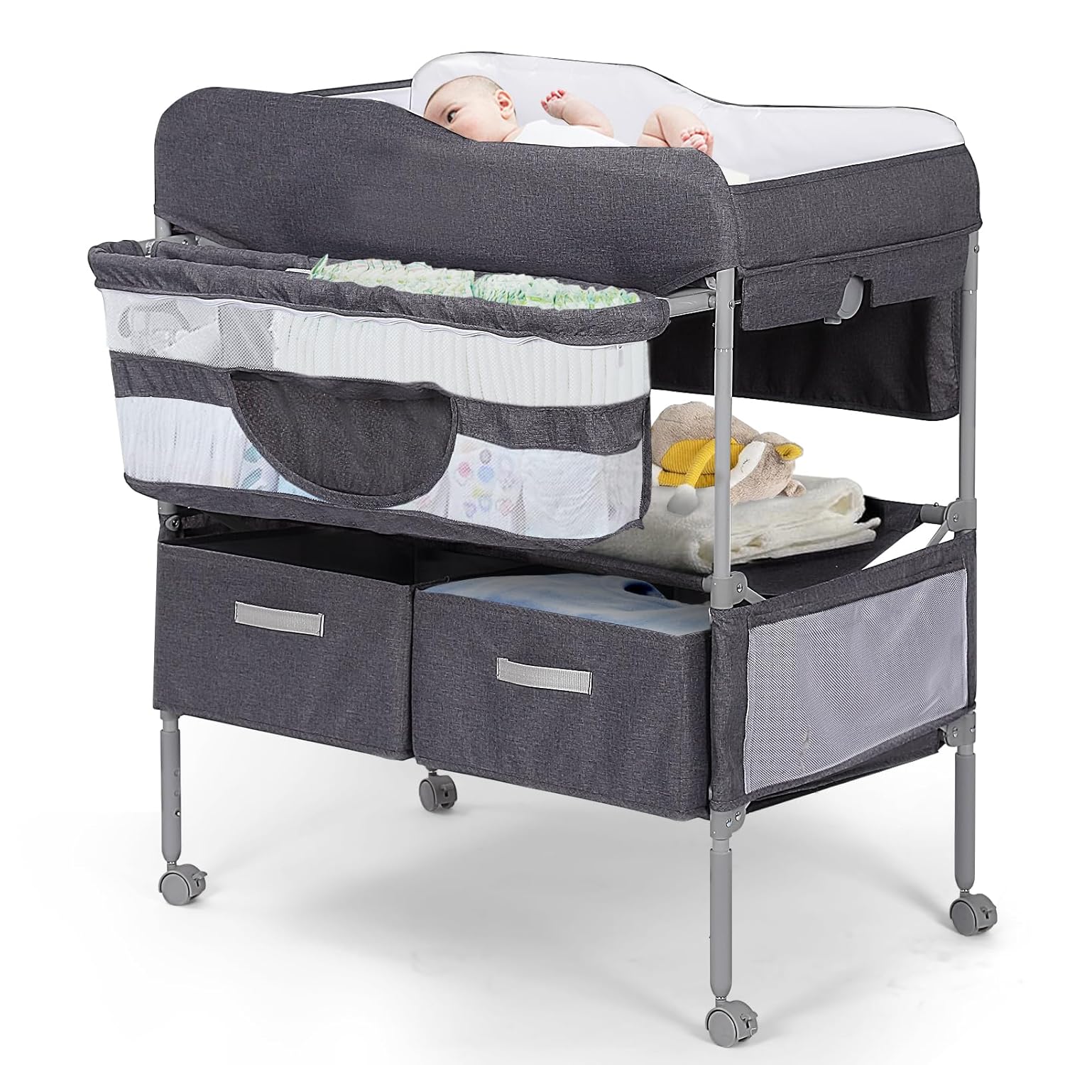 Baby Changing Table, Portable Changing Table with 2 Storage Baskets, Adjustable Heights