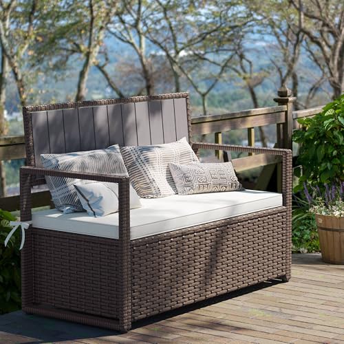 YITAHOME 90 Gallon Outdoor Wicker Storage Bench w/Cushion, Large PE Rattan Deck Storage Box w/Handles & Hydraulics for Patio Furniture, Cushions