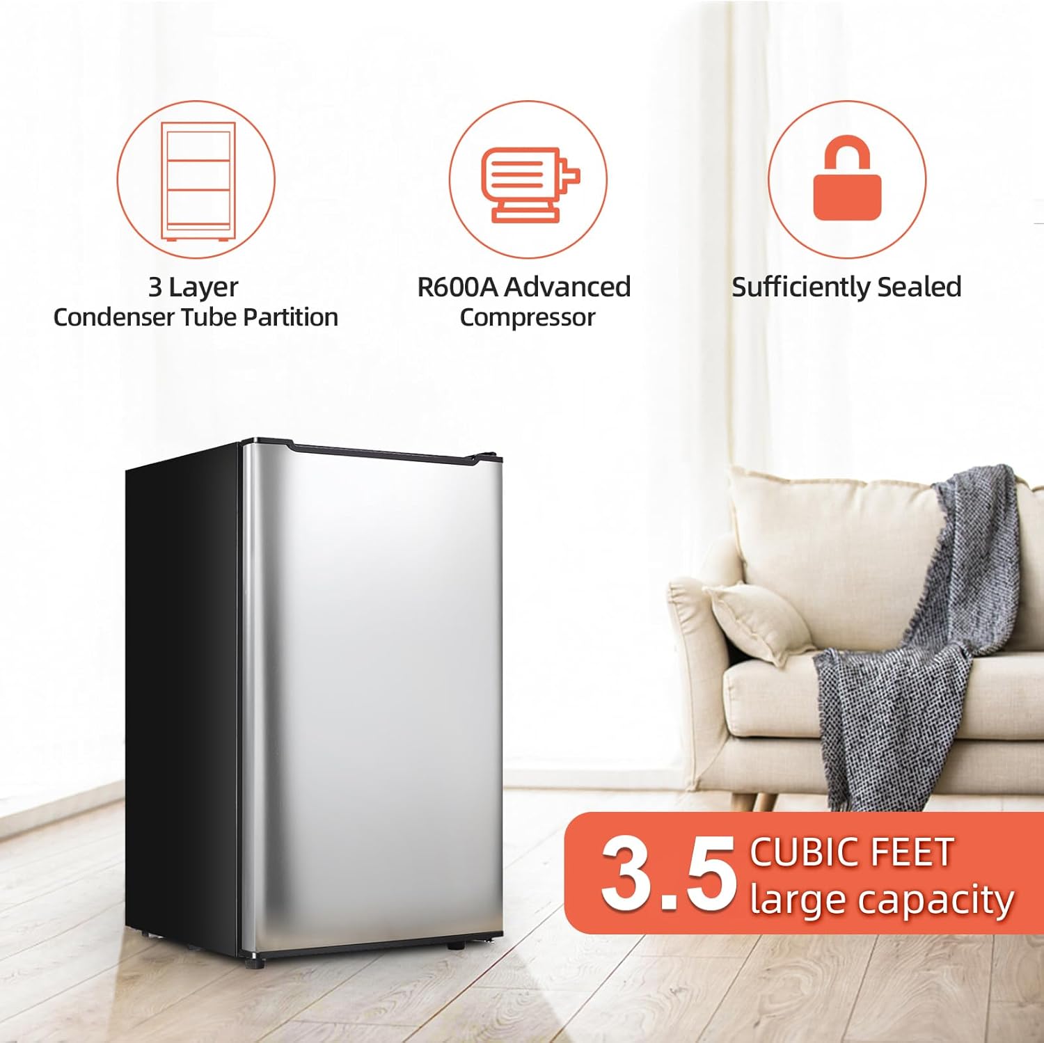 Upright Freezer with Reversible Single Door, 3.5 Cubic Feet Stainless Steel Compact Freezer