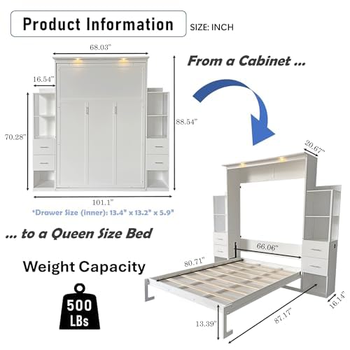 Queen Size Murphy Bed with Desk & Charging Station,Wall Bed Frame Folding into Cabinet Design w/LED & Storage Shelf for Small Space,Bedroom