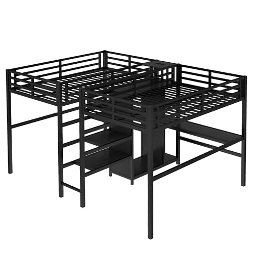 Bellamave Metal Loft Bed with Wardrobe and L-Shaped Desk, Full Size Loft Bed with Storage Cubes and Shelves, Heavy Duty LoftBed for Kids Teens Adults