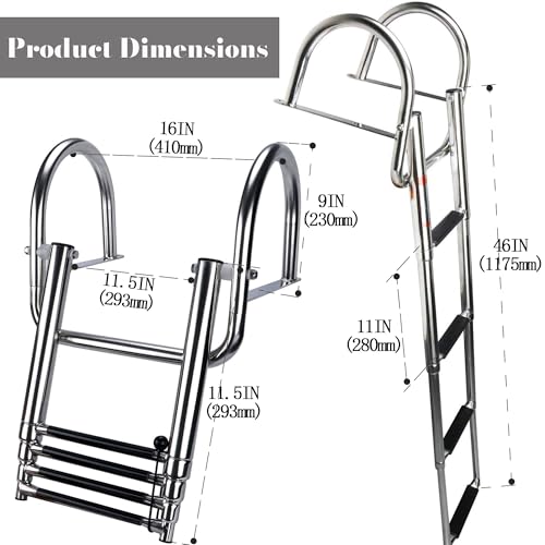 4-Step Heavy-Duty Stainless Steel Pontoon Boat Ladder with Extra Wide Steps & Handrails | Telescoping Folding Rear Entry Ladder, 600lbs Capacity