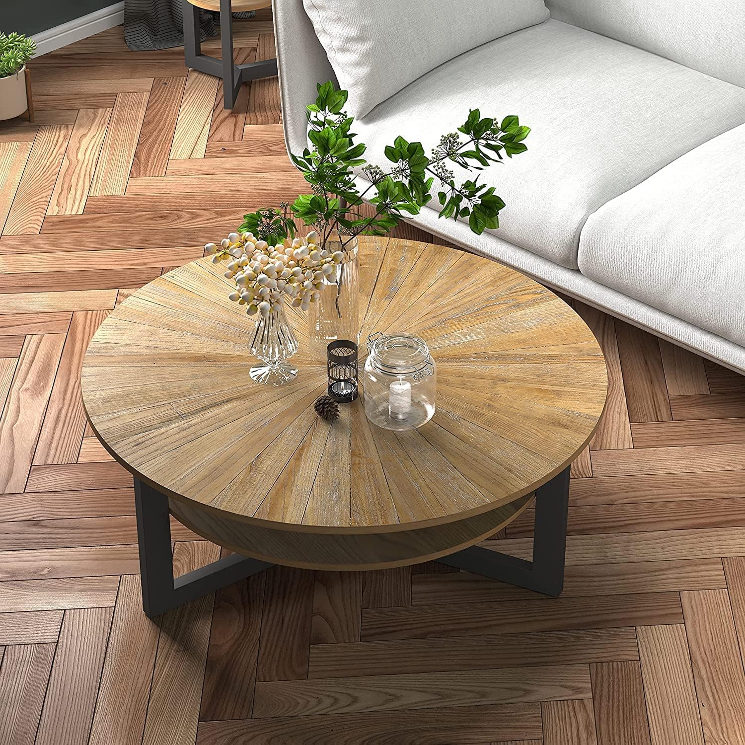 LEEMTORIG Round Coffee Table with Storage, Farmhouse Coffee Table for Living Room, Solid Wood Circle Center Table