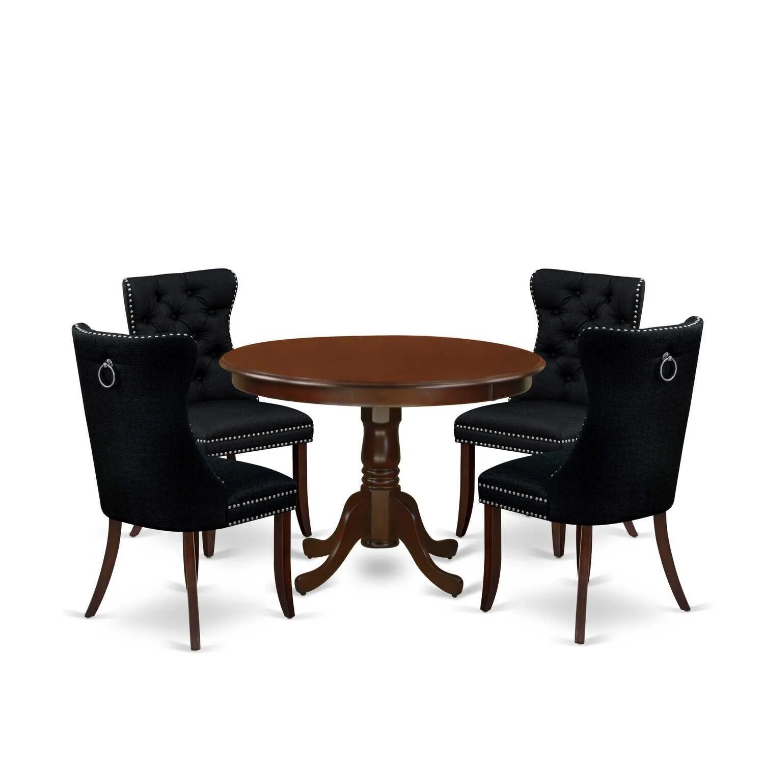 HomeStock French Flair 5 Piece Dining Table Set Includes A Round Wooden Table With Pedestal And 4 Upholstered Chairs, Mahogany