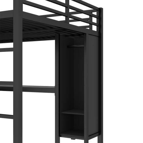Metal Loft Bed with Wardrobe and L-Shaped Desk, Full Size Loft Bed with Storage Cubes and Shelves, Heavy Duty Loft Bed for Kids Teens, White