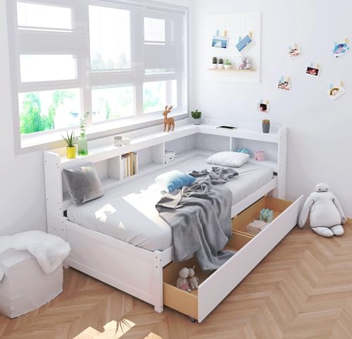 DEINPPA Twin Size Bookcase Bed, L Shape Captain Bed Frame with Storage Drawers, Wooden Platform Bed with Bookcase Headboard