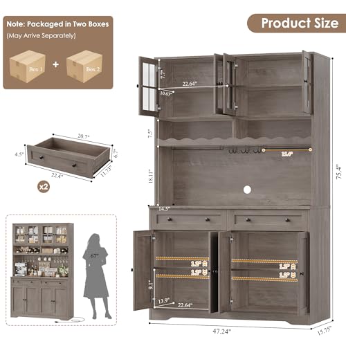 HOSTACK 75.4" Tall Kitchen Pantry Cabinet with Charging Station, Modern White Kitchen Hutch with Microwave Stand and Wine Rack