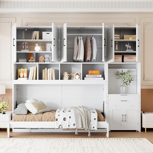 Harper & Bright Designs Twin Size Murphy Bed, Wooden Twin Wall Bed Frame with Closet, Drawers & Desk, White