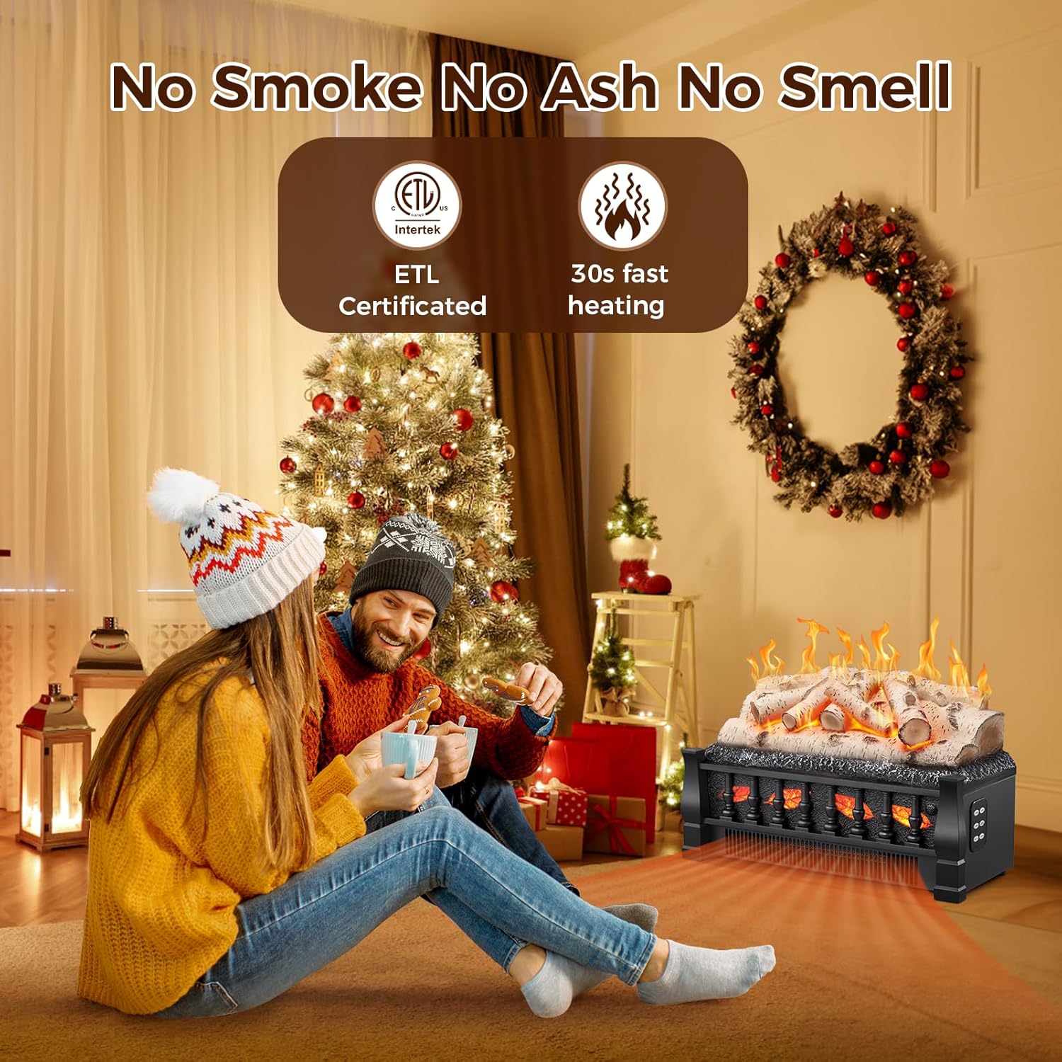 Joy Pebble Electric Fireplace Insert Log Heater 21", 750W/1500W Adjustable 5 Flame Brightness&Speed