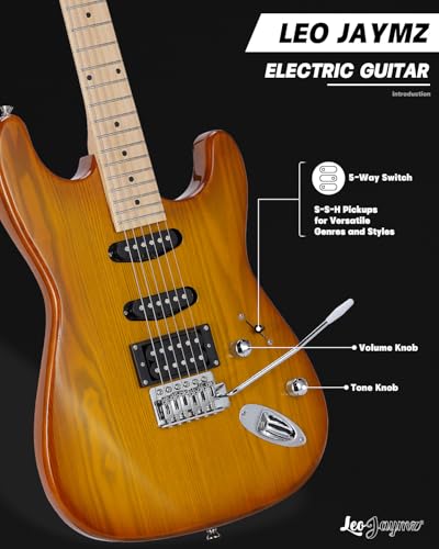 Leo Jaymz 39" Full Size ST Style Electric Guitar Starter Kit with SSH Pickup, 5W Portable Amp, Tuner, Gig Bag, Strap & Accessories (Violet Ocean)