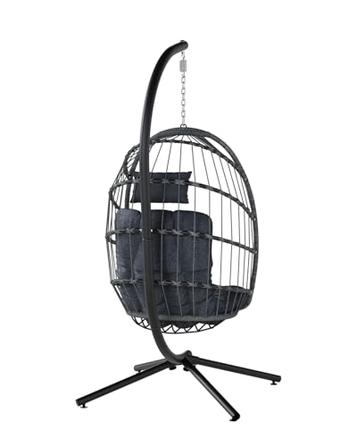 SWITTE Egg Chair Outdoor with Stand, Indoor Wicker Hanging Egg Swing Chair with Cushion, 350lbs Capacity for Patio, Bedroom, Garden - Gray