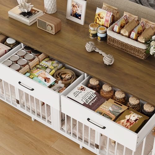 HOSTACK Double Dog Crates Furniture, 71" Wide Indoor Dog Kennel with 3 Drawers, Farmhouse Dog Cage for 2 Large/Medium Dogs
