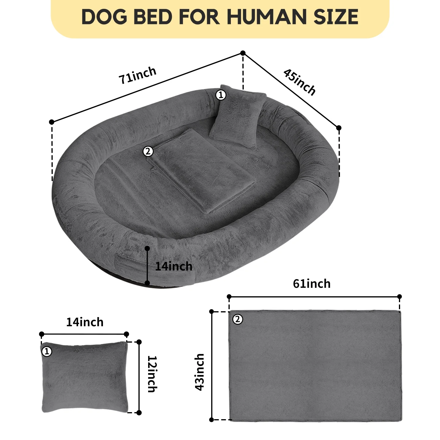 Human Dog Bed for Pets and Adults, 71"x45"x16", Washable Faux Fur Cover with Blanket and Pillow, Extra Large Human Size Beanbag Bed