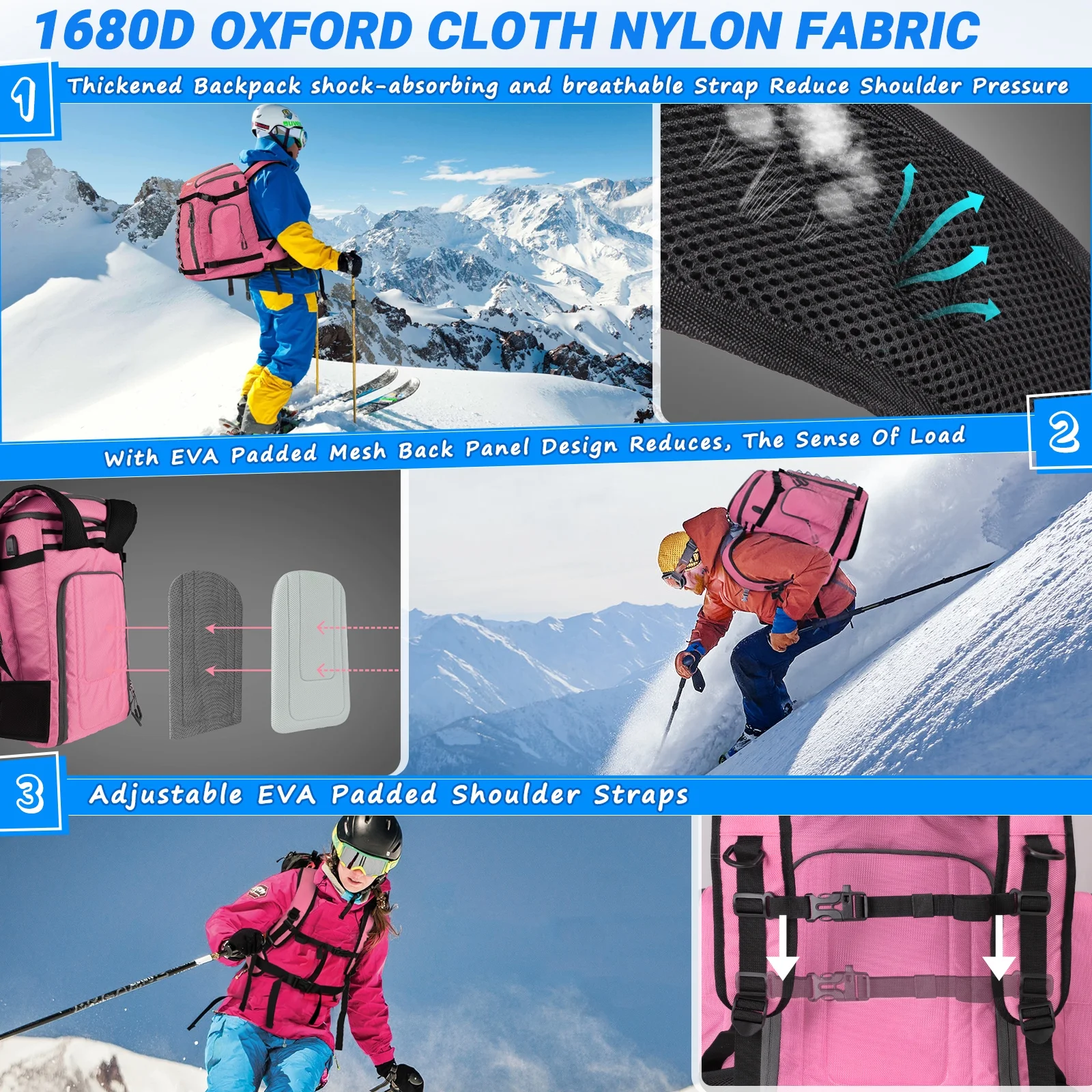 Ski and Snowboard Boot Bag Backpack - 60 L - Waterproof Winter Sport Pack for Travel Pink