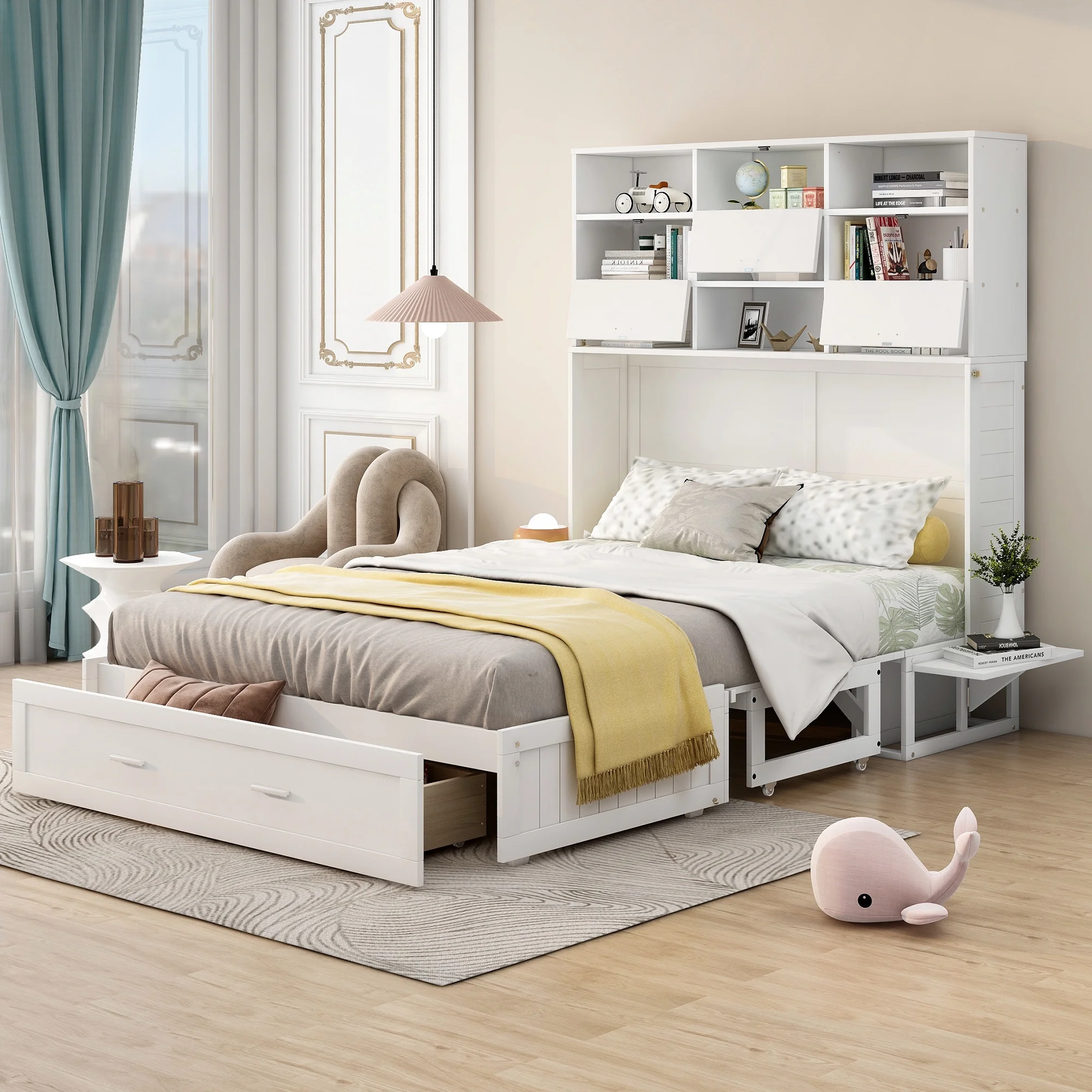 Euroco Queen Size Murphy Bed with Bookcase, Shelf and Drawer, Convertible into a Cabinet with Bookcase for Living Room