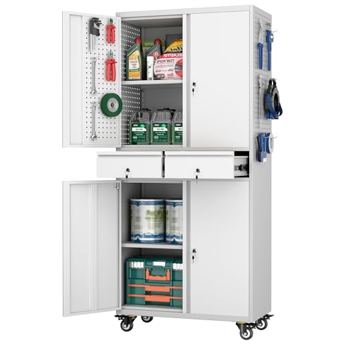 Garage Storage Cabinet with Wheels & Pegboard, 72" H Locking Metal Storage Cabinet with Doors and 4 Adjustable Shelves for Garage Workshop Home