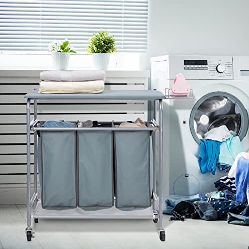 ALIMORDEN Laundry Sorter with Ironing Board Iron Rack Rolling Laundry Basket with Side pull 3-Bag Heavy-Duty Laundry Room Organizer Clothes Hamper