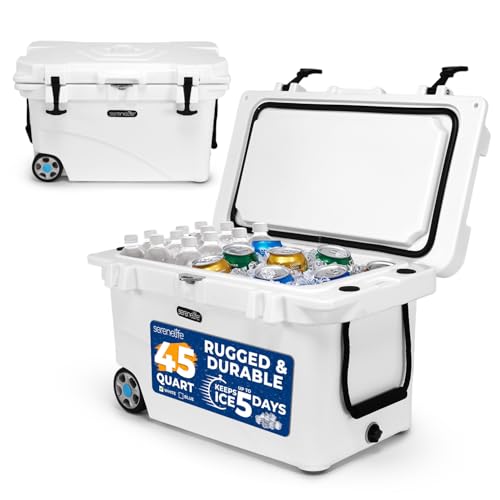 SereneLife Ultra-Tough 45 Quart Rotomolded Cooler Box with Wheels, Holds Upto 56 Cans, Keeps Ice Up to 5 Days