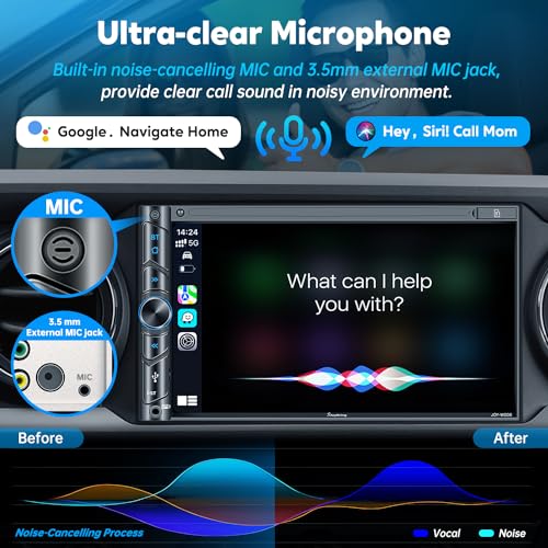 SJoyBring Upgrade Wireless Double Din Car Stereo with Apple Carplay, Android Auto, Dash Cam, Bluetooth, 4-Channel RCA, 2 Subwoofer Ports