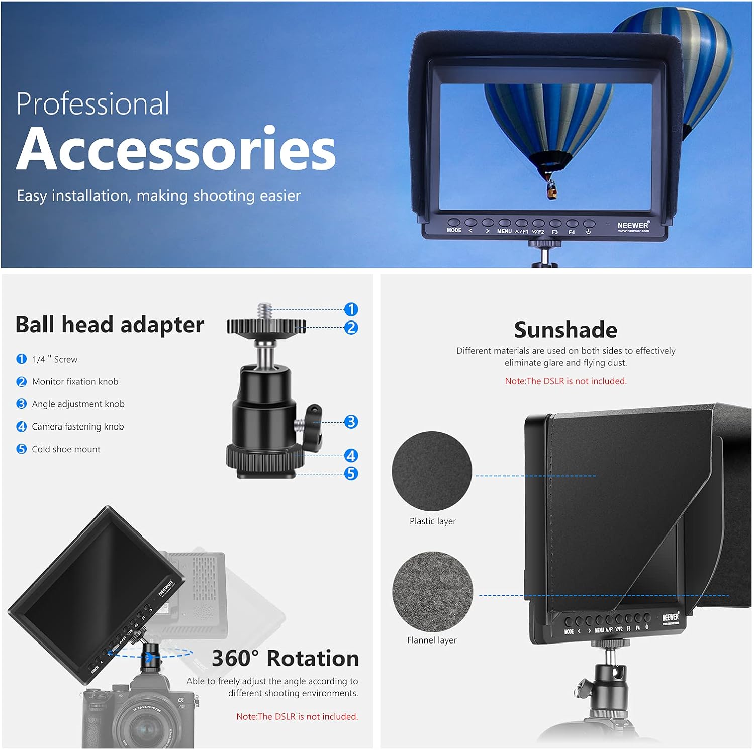 Neewer F100 7inch Camera Field Monitor HD Video Assist IPS 1280x800 4K HDMI Input 1080p with Sunshade and Ball Head for DSLR Cameras
