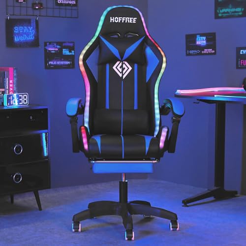 HOFFREE RGB Gaming Chair with Speakers Massage Computer Gaming Chair with LED Lights and Footrest High Back Video Game Chair for Adults Blue and Black