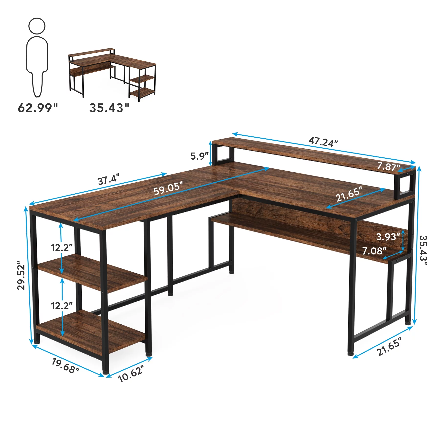 Tribesigns Reversible L Shaped Desk with Monitor Stand, 59 Inch Corner Computer Desk with Storage Shelves