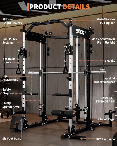 Garvee Smith Machine, 2200LBS All-in-One Squat Rack for Home Gym, Multi-Function Power Cage Cable Crossover System Strength Training Equipment