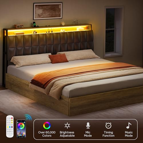 YITAHOME Queen Size Lift Up Bed with Charging Station & RGB LED Lights, PU Leather Upholstered Platform Storage Bookcase Headboard Bed