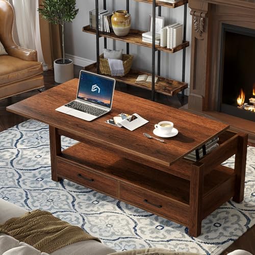 Rolanstar Coffee Table, Lift Top Coffee Table with Drawers and Hidden Compartment, Retro Central Table with Wooden Lift Tabletop, for Living Room
