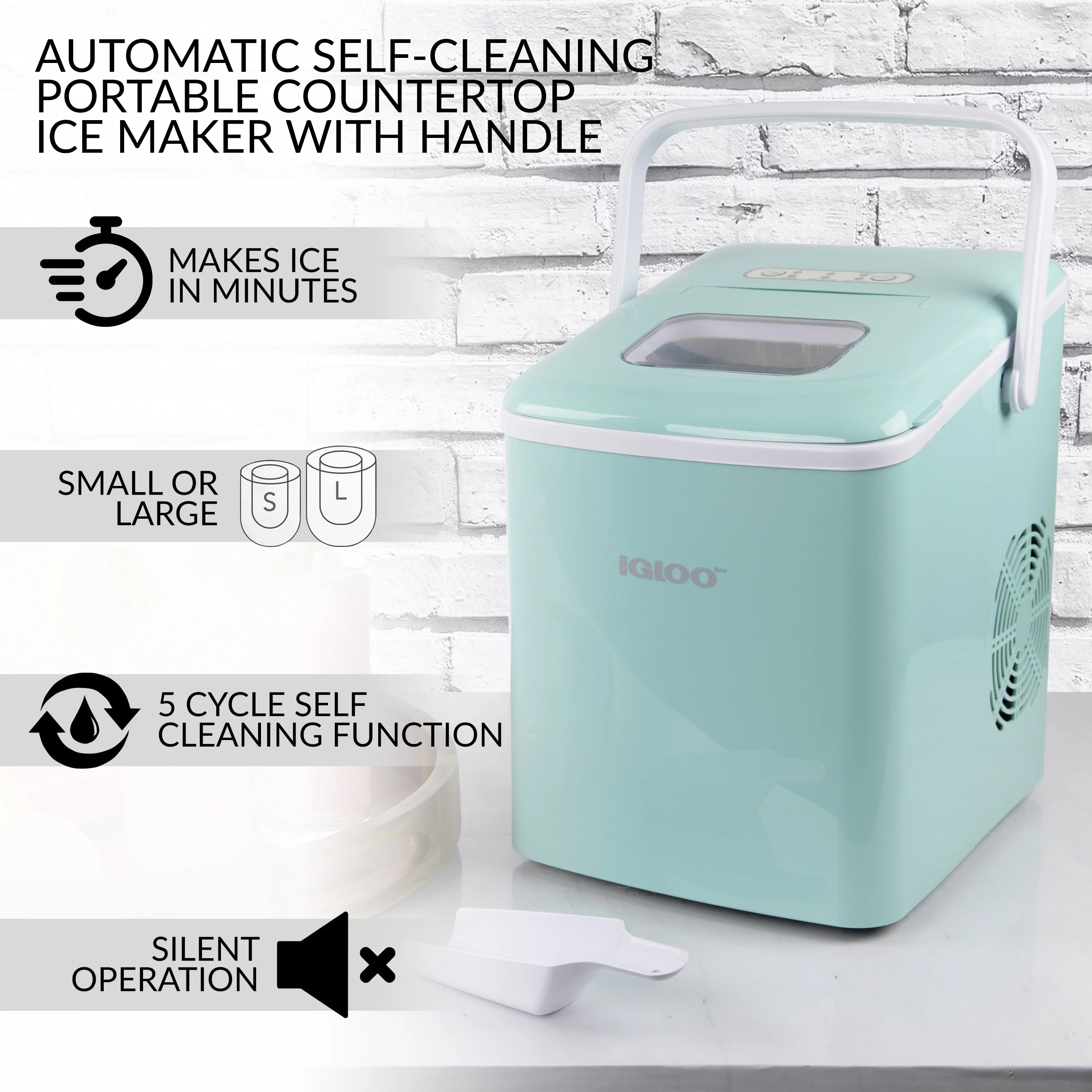 Igloo IGLICEB26HNAQ 26-Pound Automatic Self-Cleaning Portable Countertop Ice Maker Machine With Handle, Aqua