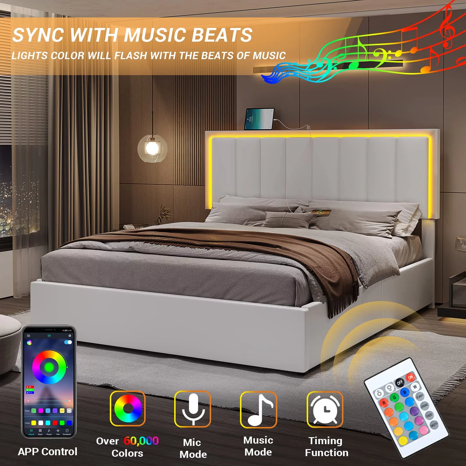 DICTAC Queen LED Bed Frame with 4 Storage Drawers and USB Ports Modern Upholstered Platform Bed Frame with Storage Faux Leather Storage with LED