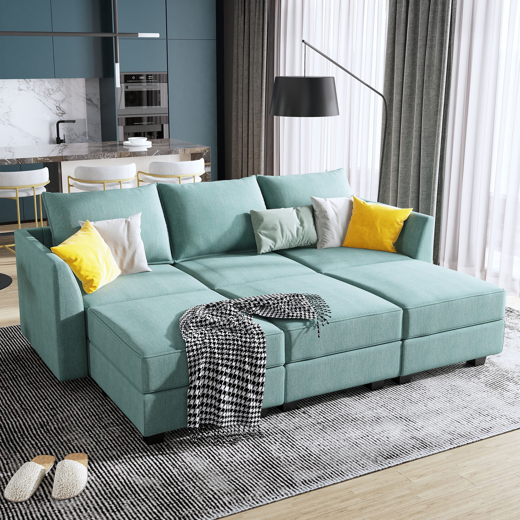 HONBAY Modern Convertible 6 Pieces Fabric Sleeper Sectional Couch Sofa Bed with Storage Ottomans, Aqua Blue - Curated Treasures Market