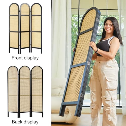 Room Divider and Folding Privacy Screens, Pine Wood 5.6 Ft Double Hinged Rattan Partition Freestanding Wall Room Divider for Home - 3 Panels