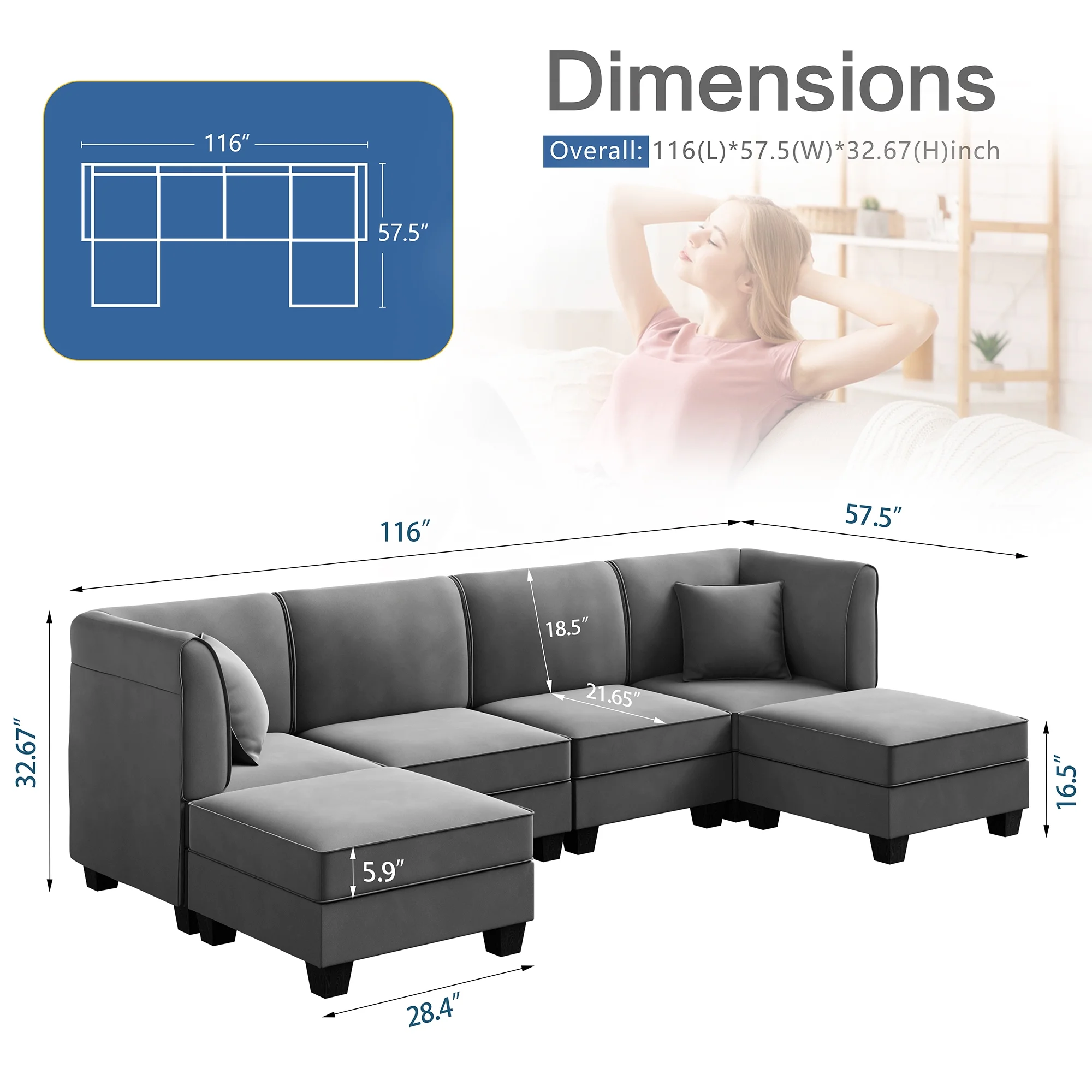 Walsunny Modular Sectional Sofa with Reversible Chaise, U-Shape Convertible Sectional Walsunny Couch with 6 Seats