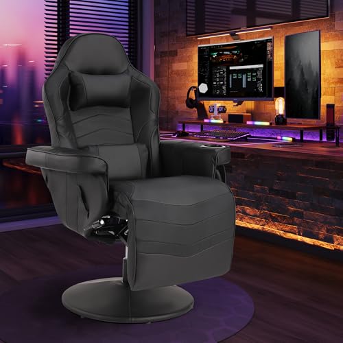 Massage Gaming Recliner Chair with Cup Holder & Side Pockets – Ergonomic PU Leather Video Gaming Chair with Footrest, Manual Recline